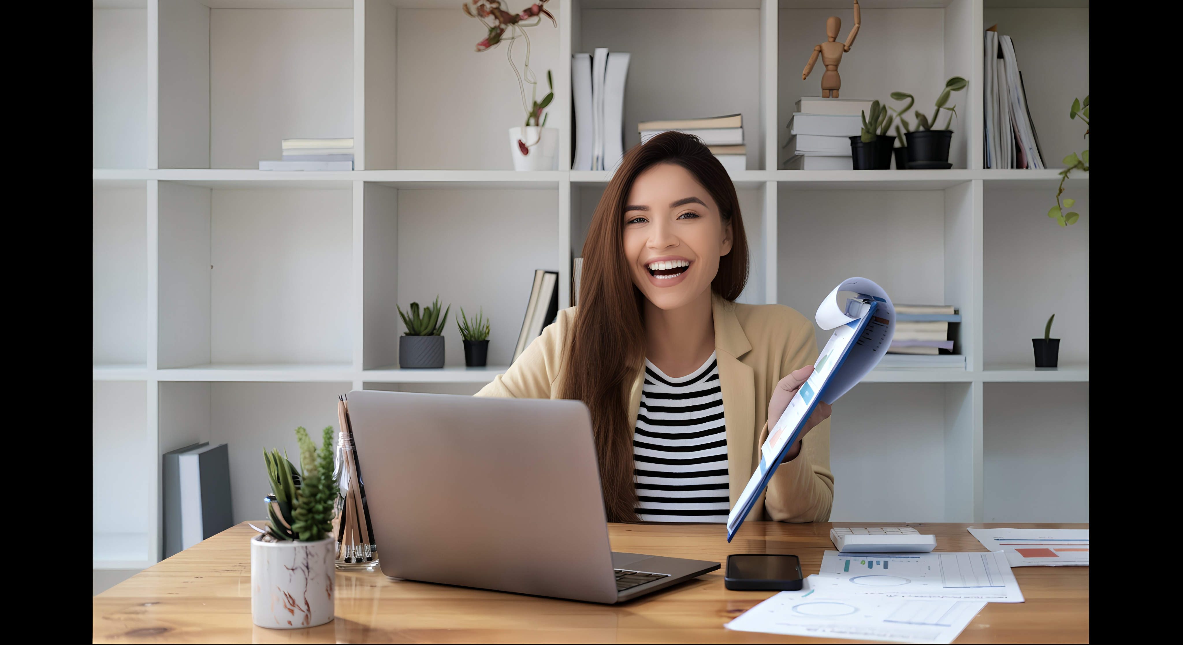 Smiling woman with a tablet next to laptop